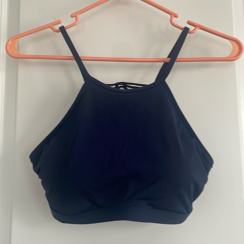 Athleta High Neck Halter Navy Blue Swim Top. Size S D-DD.